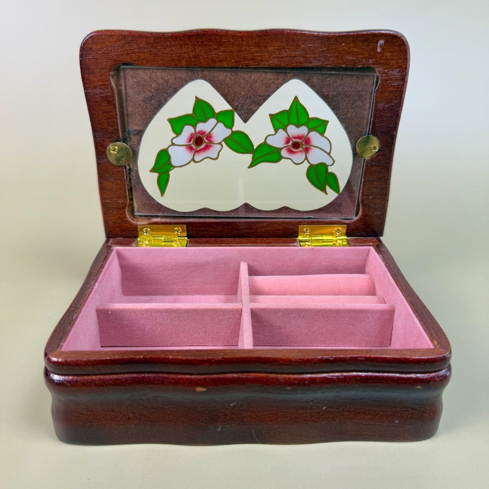 Vintage Wooden Jewelry Box | Heart Window Lid with Floral Inlay - Picture 2 of 13